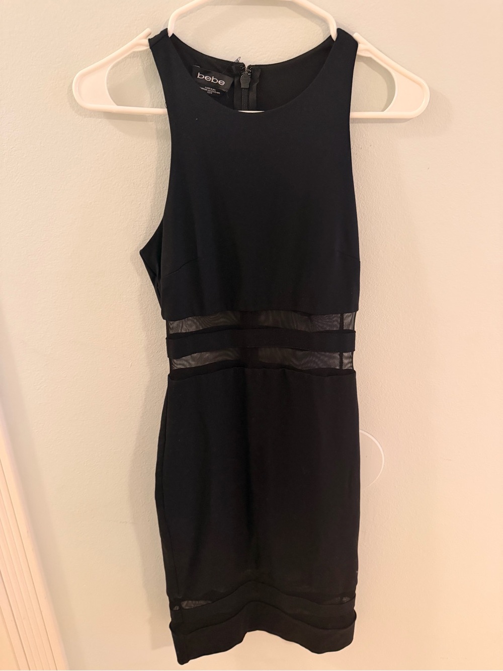 bebe Black Midi Bodycon Dress with Sheer Waist Panels